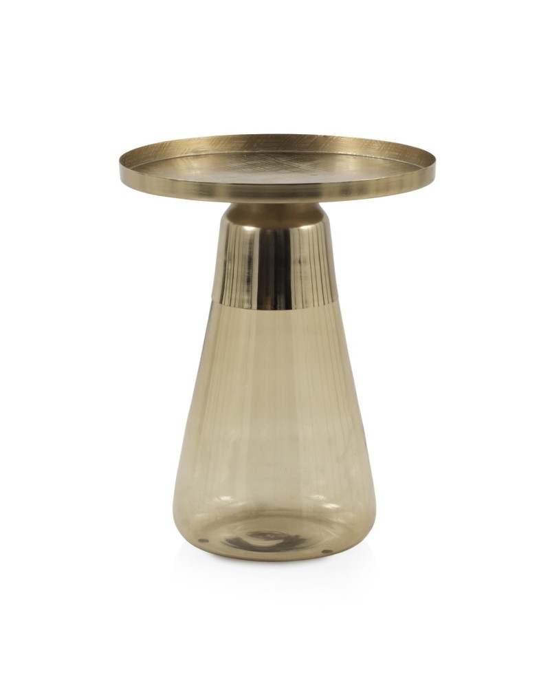Mesa auxiliar con base de cristal verde y sobre de metal dorado