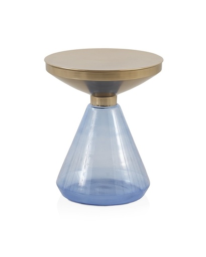 [0149-11006] Mesa auxiliar con base de cristal azul y sobre de metal dorado