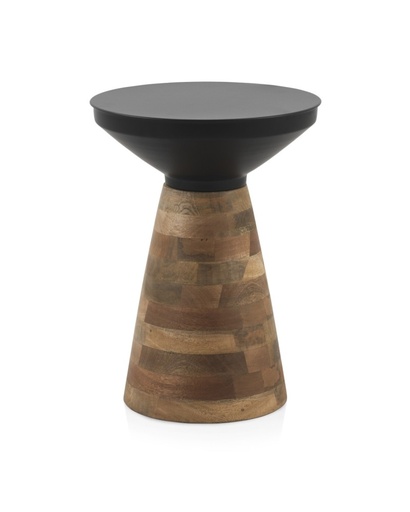[0149-11007] Mesa auxiliar con base de madera y sobre de metal negro